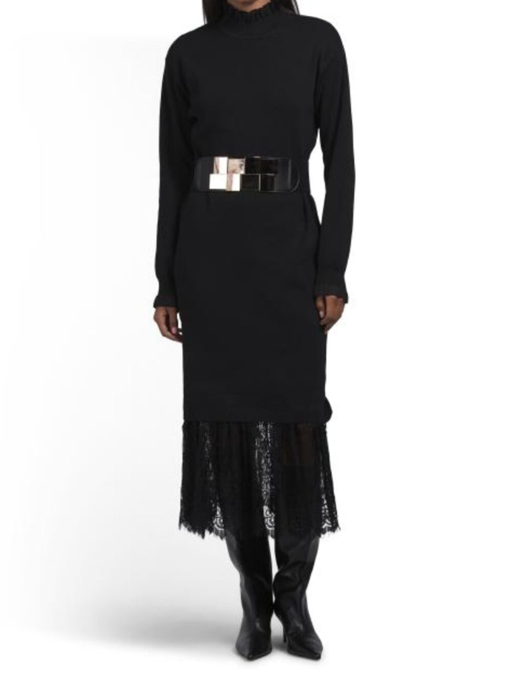 WDNY Lace Hem Belted Midi Sweater Dress